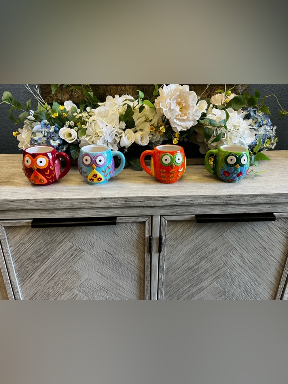 Colorful Owl Ceramic Mug Set of 4 - Blue, Orange, Green, Red - Picture 10 of 10